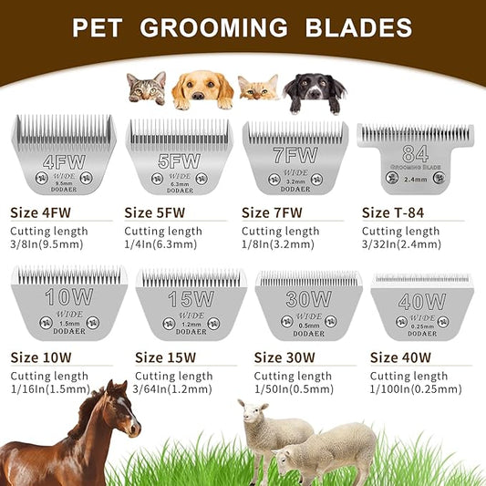 4 Pack Detachable Pet Dog Grooming Blades-Size 10W+7FW+5FW+4FW Dog Grooming Wide Blade,Cutting Length 1/16 in -3/8 in(1.5mm-9.5mm),Compatible with Most Andis,Oster A5,Wahl km10 Clippers