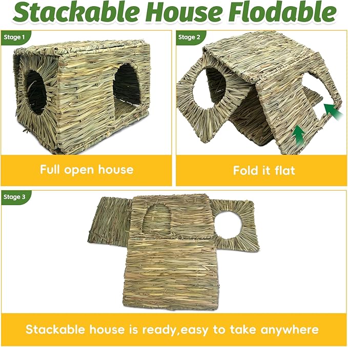 Hamiledyi Large Rabbit Grass House Hand Woven Natural Bunny Hut Foldable Play Bed Safe Cozy Hideaway Hay Mat Chew Toys for Hamster Guinea Pig Chinchilla Gerbil Ferret