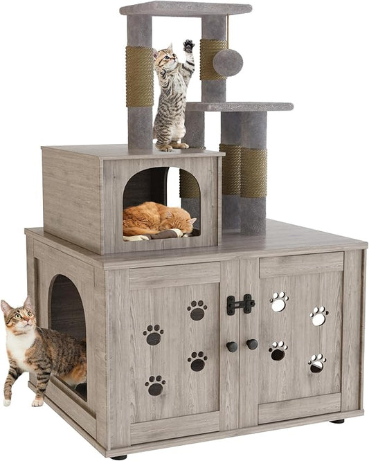 DKLGG Litter Box Enclosure with Cat Tree, Large Cat Tree with Hidden Litter Box Enclosure | All-in-one Indoor Kitten House w/Sisal Scratching Post, Plush Perch Platform & Divided Condo (Grey)