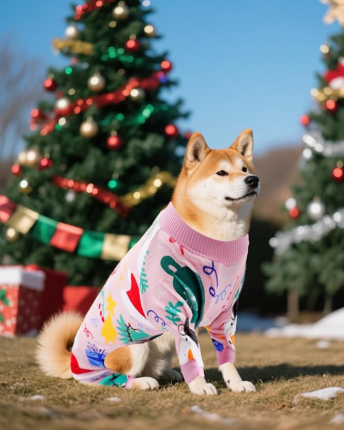 PET SHOW 4 Pack Small Dog Christmas Pajamas Holiday Dog Clothes for Medium Dogs Girl Boy Soft Stretchy PJs Xmas Jumpsuit Puppy Onesies Red Green Outfits with Sleeve Pets Dachshund Costume XL