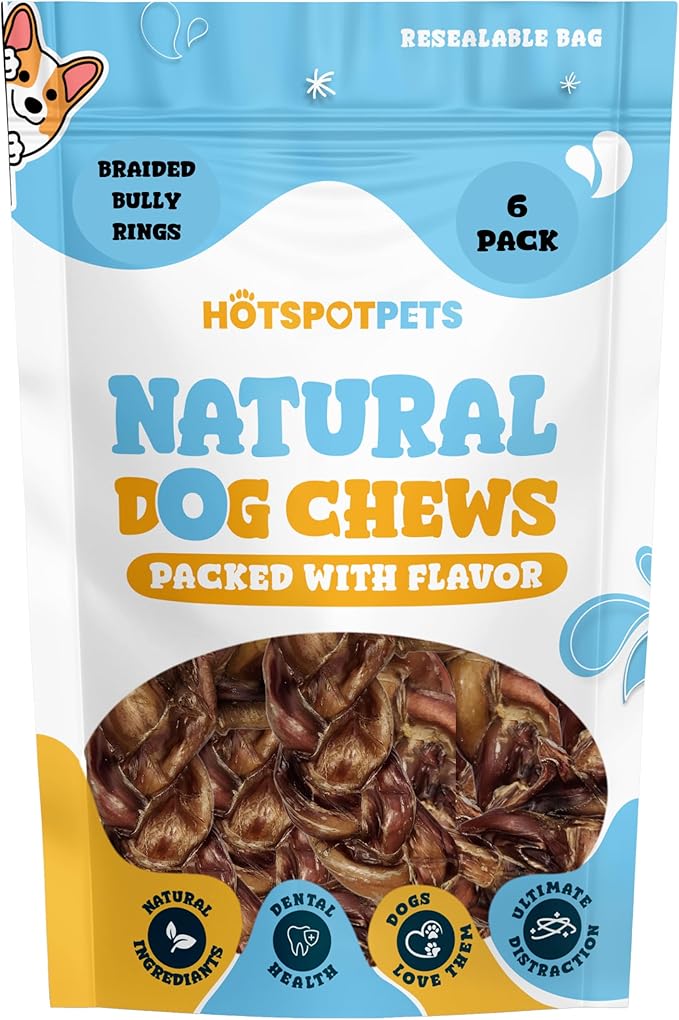 hotspot pets Braided Bully Stick Rings for Dogs -(6 Pack) Premium All Natural Long Twisted Beef Pizzle Dog Chew Treats - Grain Free Fully Digestible Rawhide Alternative Bones
