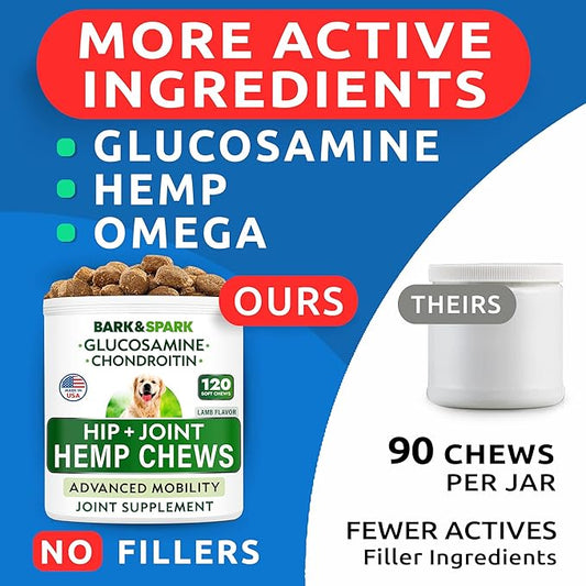 BARK&SPARK Advanced Hemp Chews for Dog Joint Pain Relief - Glucosamine Chondroitin Hemp Treats Hip Joint Health - Joint Supplement Large Breed & Small - Treats Joints Old Senior Dog