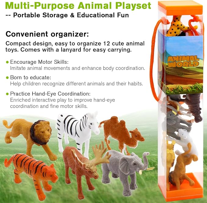 12 pcs Realistic Wild Jungle Animals Figurines Toys,Plastic African Jungle Animals Playset for Kids:Lion,Elephant,Giraffe-Ages 3