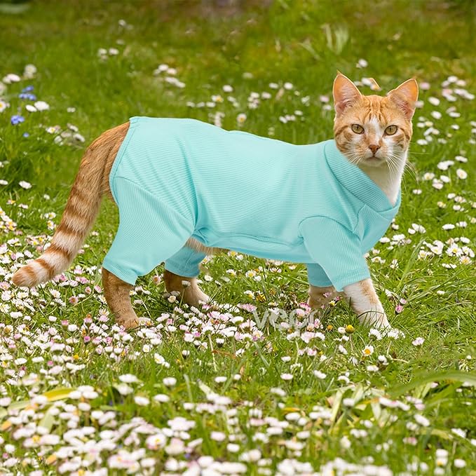 Sticky Hair Cat Clothes, Breathable & Lightweight, Reduces Shedding Fur Pajamas, Full Body Long Sleeve Surgical Bodysuit, Stop Licking & Shedding,Blue,XL