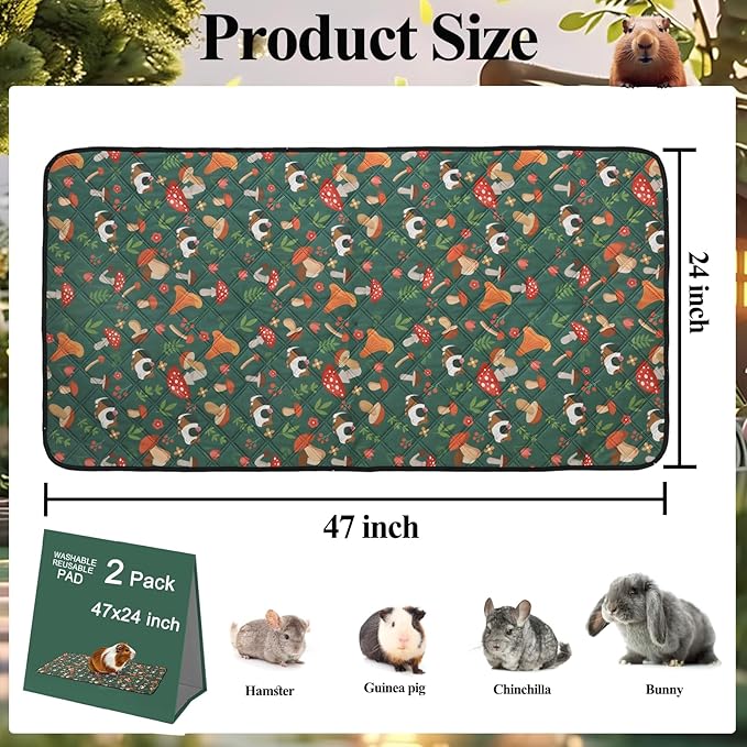 2 Pack Guinea Pig Cage Liners - Washable 47"X24" Bedding Pee Pad, Super Absorbent, Waterproof & Anti-Slip Reusable Mat for Rabbit, Hamster, Rat