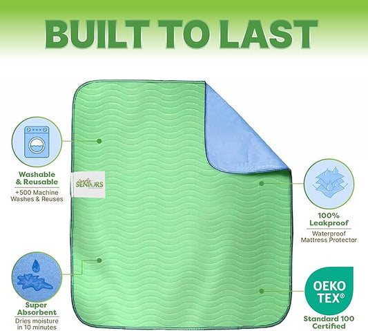 Bed Pads Washable Waterproof 34"x36"- Pack of 4 Incontinence Bed Pads & Washable Pee Pads for Adults - Dementia Products for Elderly & Elderly Assistance Products - Reusable Pee Pads for Dogs & Kids