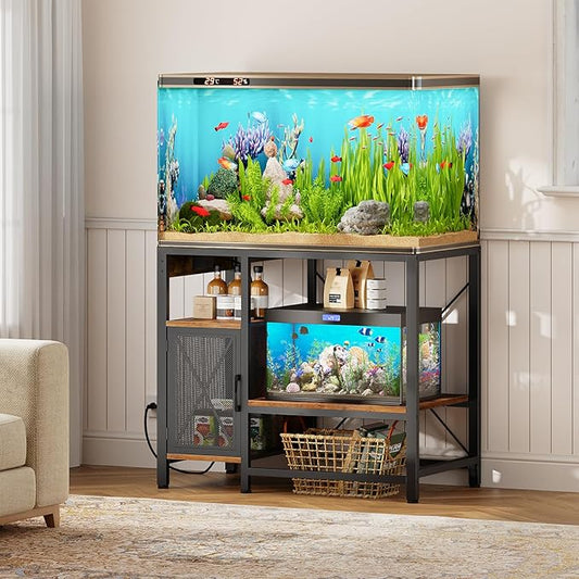 40-50 Gallon Fish Tank Stand, Aquarium Stand with Power Outlet and Storage Cabinet, Heavy Duty Tank Stand Suitable for Turtle Tank, Reptile Terrarium, for Home Office, Rustic Brown FTHR50E01