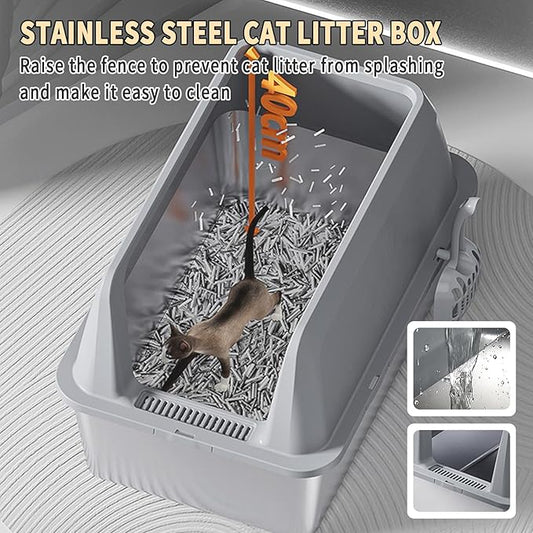 Stainless Steel Litter Box,Large Cat Litter Box with Cat Litter Mat,23.62 L×15.75 W×13.78 H,Heightened Fence Design,Easy to Clean, Odor-Free,Pet Toilet Supplies Wite Shovel