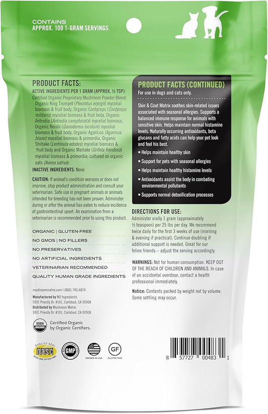 Om Mushroom Matrix Pet - Canine | Skin & Coat | USA Grown Human-Grade Organic Mushroom Powder Pet Supplement | Seasonal Allergy Skin & Coat Support for Dogs & Cats | 100 Grams, 3.5 oz