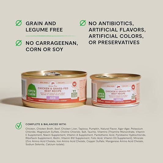 Open Farm Canned Cat Food, Paté for Complete & Balanced Nutrition, Grain-Free and Legume-Free Wet Cat Food, Chicken & Beef Recipe, 2.8oz Cans (Case of 18)