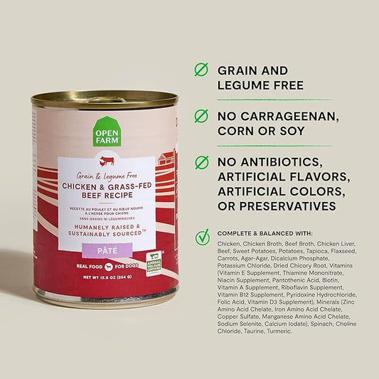 Open Farm Canned Dog Food, Paté for Complete & Balanced Nutrition, Grain-Free and Legume-Free, Grass-Fed Beef Recipe, 12.5oz Cans (Pack of 12)