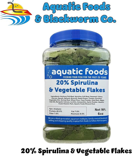 Aquatic Foods Inc. Vegetable & 20% Spirulina Plus Enhanced Premium Flakes. Aquatic Foods Premiun Flakes…6oz Med Jar