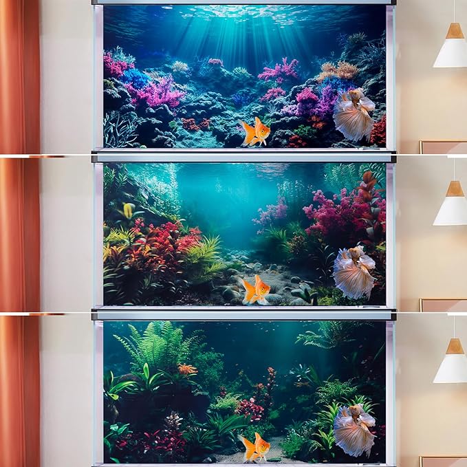 COMSUN 3 Pack Aquarium Background, 36x18 inches Polyester Aquarium Background, Cloth Fish Tank Background, Undersea Corals Sunshines & Rock Aquatic Plants
