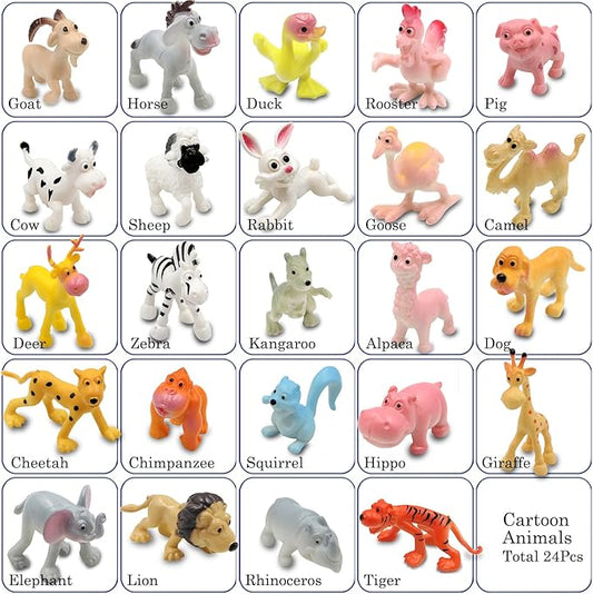 PINOWU Cartoon Animals 24pcs, Mini Wild Animals Toys Kit, Jungle Animal Figures Set - Tiger Lion Hippo Sheep Deer Duck for Children Party Favors Classrooms Rewards Birthday Gift Educational Toy