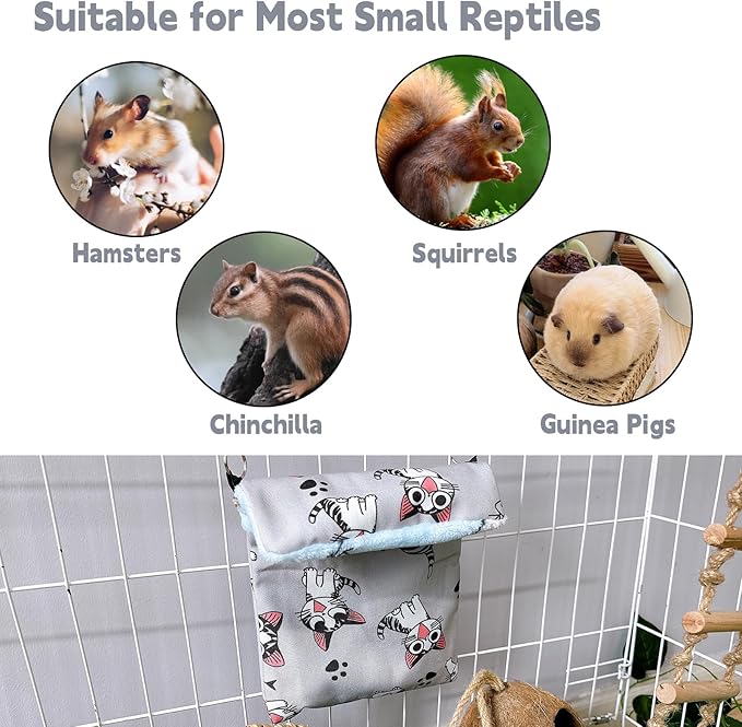 Sugar Gliders Sleeping Pouch Bag Hamster Cotton Hanging Flannel Warm Bed Hideout with Hooks Glove Small Pet Nest Bed for Rat Squirrel Hedgehog,Silver