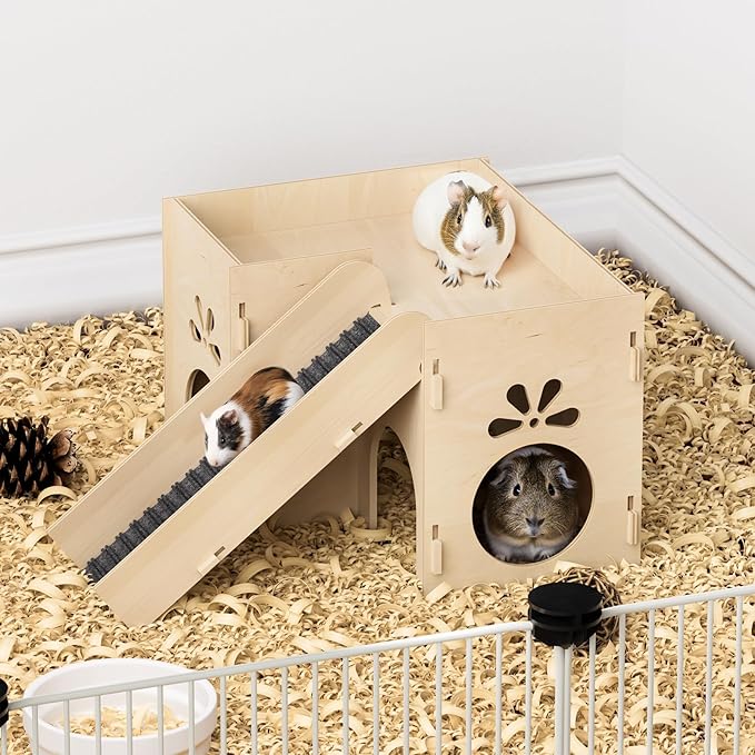 Guinea Pig Hideout House, Basic Large Wooden Hamster House with Climbing Ladder & Multi-Holes, Bunny Castle Tower Toy for Guinea Pig Chinchilla Gerbil Hedgehog Small Animal House Habitat Hut