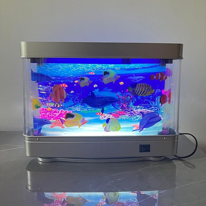 7CDXD Fake Fish Tank,Artificial Aquarium Decorations,Fake Aquarium Decor,Artificial Tropical Fish Decorative,Virtual Ocean Moving Fish lamp for Bedroom Office Décor,Gift for Kids and Cat