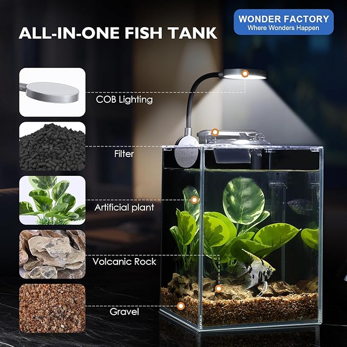 Desktop Betta Small Aquarium Glass Fish Tank 1.25 Gallons Complete Set, Self Cleaning Filter System Bright LED Light Gravel Plant Cleaning Tool, Starter Kit Small Space Easy Setup Space-Saving Design