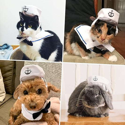 Cat Costume for Halloween Pet Sailor Outfit Navy Hat with Sailor Collar for Small Dogs/Dolls/Cats