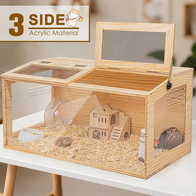 Hamster Cage 40" Wooden Chewproof, 270° View Large Habitat with Bite-Proof Metal Mesh & Top Dual Access Doors, Acrylic Sheets & Solid Build for Dwarf Syrian Hamsters/Gerbils/Guinea Pigs/Chinchillas