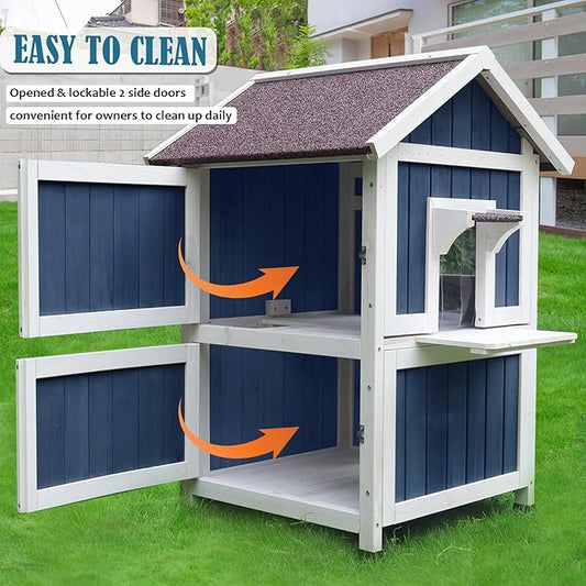 Rockever Outdoor Cat House, 2 Story Outdoor Houses for Feral Cats Wooden Outside Cat Shelter Weatherproof with Escape Door