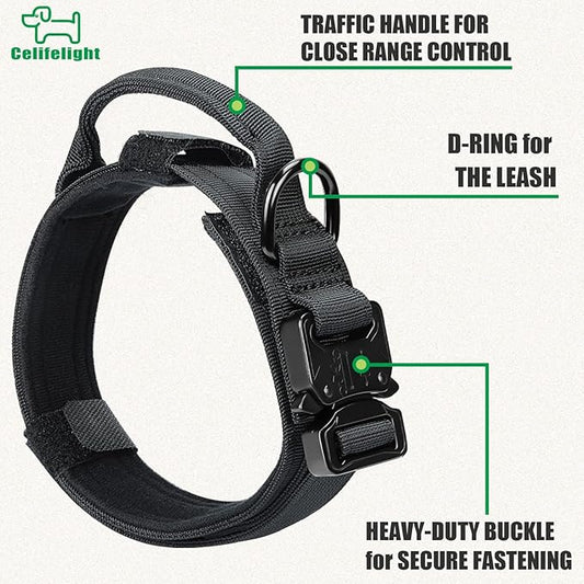 Tactical Military Collar - Adjustable Nylon, Heavy Duty Metal Buckle with Handle for Dog Training, with Patches (M, Black)