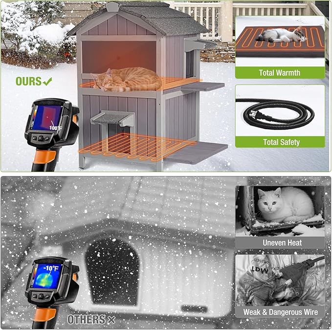 GUTINNEEN Heated Outdoor Cat House Two-Story Feral Cat Shelter for Multiple Cats Warming Condos with Heater and Insulated Liner