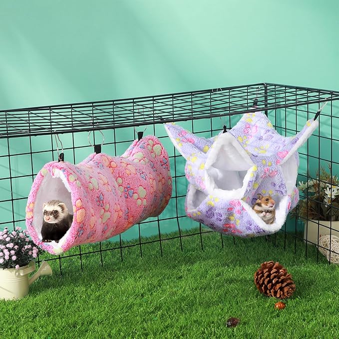 Sweetude 6 Pcs Rat Hammock Set Ferret Hanging Tunnel 3 Tier Guinea Pig Hammocks Hideout Soft Chinchilla Bed for Cage Accessories Hide,Play and Sleep(Dreamy,Paw)