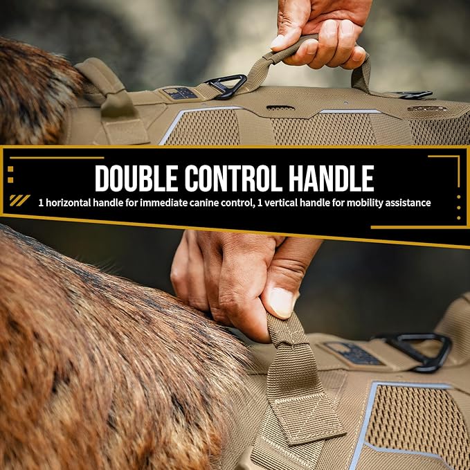 OneTigris Tactical Dog Harness for Medium Large Dogs, Adjustable Tactical Dog Harness with Handles, Reflective Vest Heavy Duty & Breathable Military Assistance Vest with No Pull Buckle, Brown
