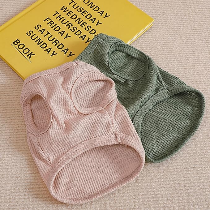 2Pack Shirts for Cat, Small & Medium Dog Clothes, Waffle-Knit Puppy Shirts, Lightweight, Breathable, Stretchy Pet Clothes, Sleeveless Tee Shirt Gift for Cats & Dogs (Green&Pink, Medium)