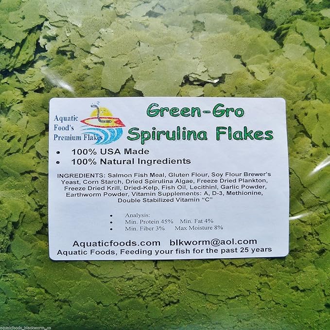 Aquatic Foods Inc. Flakes, Premium Spirulina Green-GRO Flakes for Guppies, Tetras, Live Bearers Great for All Community Tropicals. Premium Green GRO AF Flakes - 1-lb