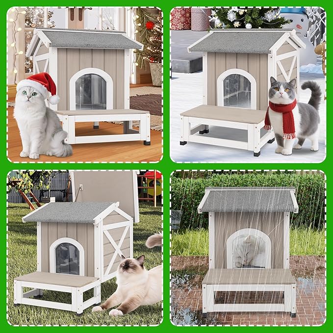Insulated Outdoor Cat House Weatherproof Feral Cat Shelter for Winter Outside Cat Houses for 1-2 Cats Indoor Pets Condo with Waterproof Roof & Escape Door, 6.3" Raised Base & Balcony