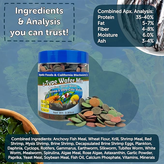 Aquatic Foods Inc. 4-Type 12mm - 1/2" Sinking Wafer Mix of Spirulina-Algae, Ultra-Worm, Shrimp, Color Enhancing for Shrimp, Snails, Crabs, Crayfish, Bottom Fish, 12-Type Pellet Mix Included...11.5oz