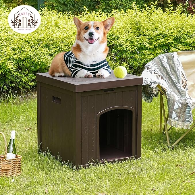 Outdoor Cat House for Winter Waterproof, Outside Multiple Kitty Feral Cat Houses, Outdoor Cat Litter Box Enclosure Weatherproof, Small Medium Dogs House Outdoor, Durable Resin Plastic, Brown