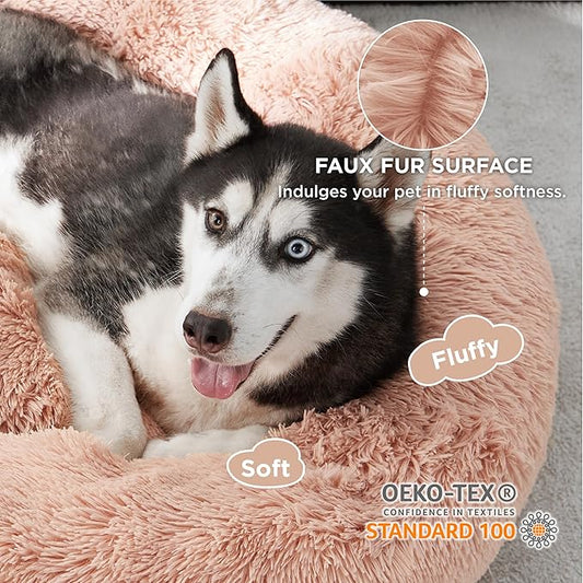 Bedsure Calming Dog Bed for Large Dogs - Donut Washable Large Pet Bed, 36 inches Anti-Slip Round Fluffy Plush Faux Fur Dog Bed, Fits up to 80 lbs Pets, Pink