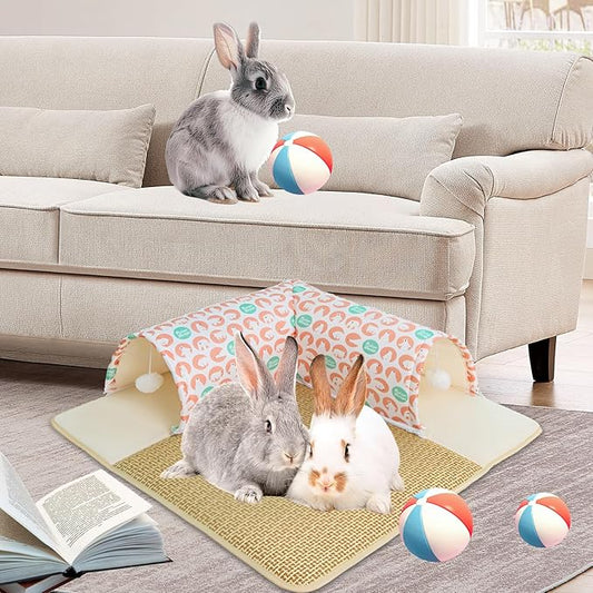 Rabbit Tunnel with Cooling Mat - Detachable Washable Pet Bed for Rabbits, Guinea Pigs, Chinchillas - Ventilated Floor Play Mat for Cats, Small Animals & More