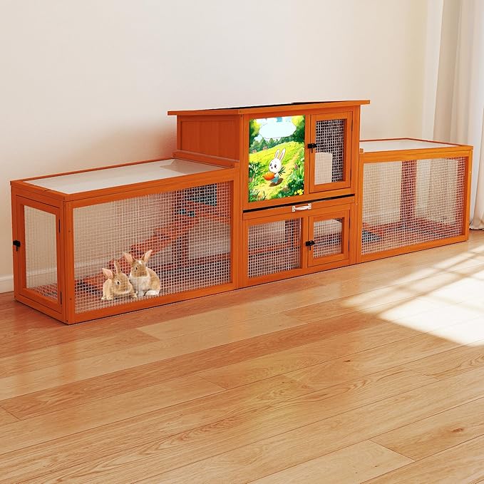 COZIWOW Large Rabbit Hutch Bunny Cage Outdoor Indoor Wooden Small Animal House with Sloped Roofs, Pet Run, No-Leak Tray, 4 Doors, Non-Slip Ramps, Colorful Patterns (Orange)