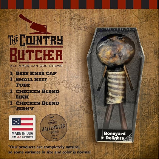 RIP Variety Coffin Box containing 1 Knee Cap, 1 Small Beef Tube, 2 pcs Chicken Blend Links, 2 pcs Chicken Blend Jerky (4.2oz/119.07g)