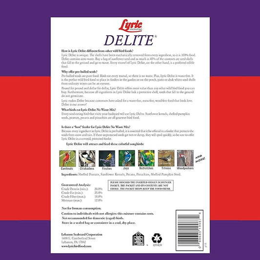 Lyric Delite Wild Bird Seed - No Waste Bird Food Mix with Shell-Free Nuts & Seeds - Attracts Buntings, Chickadees & Finches - 5 lb bag