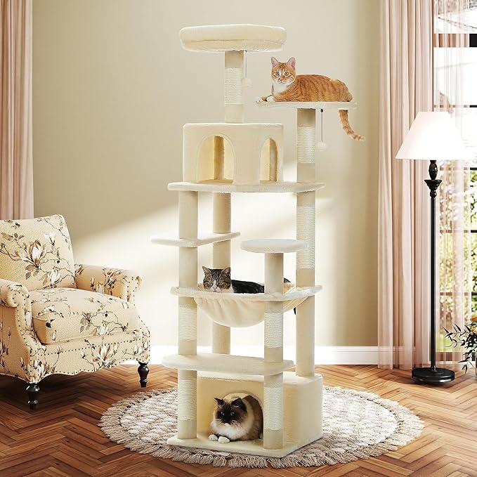 64.5-inch Multi-Level Cat Tree for Indoor Cats with Large Metal Frame Hammock - Plush Cat Tower with 2 Top Perches, 2 Condos, 7 Scratching Posts & Pompoms, Sturdy Pet House Toys, Beige