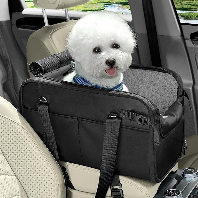 YUDODO Large Dog Car Seat for Center Console (Width>9.5in) Fits 10-20lbs, Anti-Slip Puppy Cat Travel Portable Booster Seat, Luxury Pet Car Bed Carseat PU Leather Black