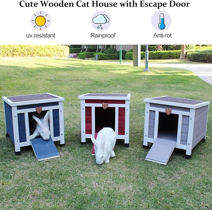 Deblue Weatherproof Cat House for Outdoor Cats, Wooden Small Pet House Outside, Feral Cat Shelter with Elevated Floor and Lockable Door - Grey