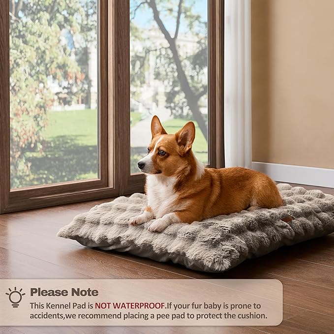 WDCOZY Fluffy Dog Crate Beds for Large Dog, Plush Faux Fur Kennel Pad with Removal Washable Cover, Soft Pet Mat for Sleeping & Ease Anxiety, Anti-Slip Bottom for Pet Up to 60 lbs, 36"x23", Beige