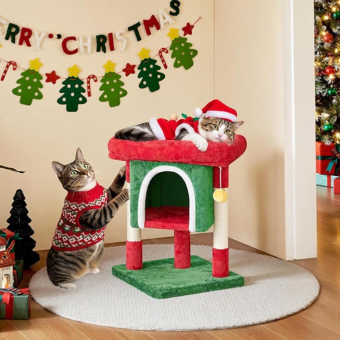 Yaheetech Christmas Themed Cat Tree 23.5in, Cat Tower with Wide Perch, Spacious Condo, Scratching Posts for Large Kitty, Indoor Activity Center Pet Furniture Decoration, Red/Green