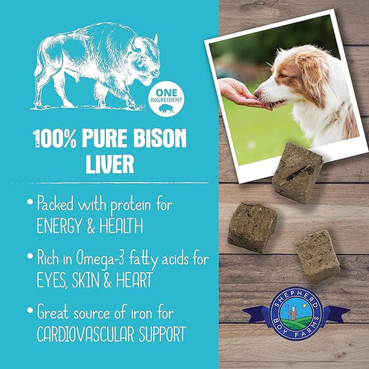 Freeze Dried Dog and Cat Treats, Bison Liver, All Natural Freeze-Dried Dog Treat & Snacks, Made in USA, High in Protein, Essential Nutrition of Raw Food, 8oz