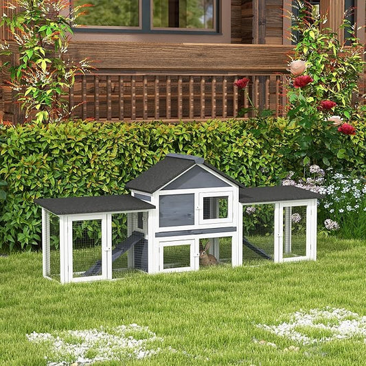 PawHut 83" L Outdoor Rabbit Hutch, Guinea Pig Cage Indoor Outdoor Wooden Bunny Hutch with Double Runs, Weatherproof Roof, Removable Tray, Ramps, Dark Gray