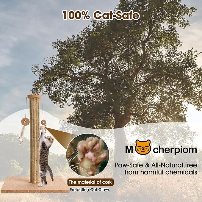 Natural Cork Cat Scratching Post with Feather Toy, 14.2 inch Stable Base, Eco-Friendly Scratch-Safe & Noise-Reducing for Claw Health, Fits Home Decor