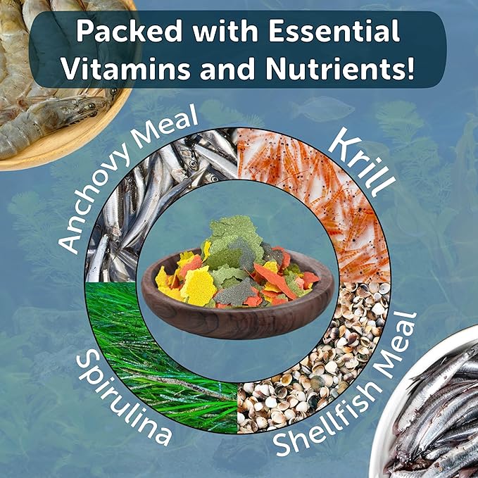 Aquatic Foods Inc. Premium Marine Fish Flakes with Algae, Seaweed and Nori for Clown Fish, Tangs, Butterflies, Angel Fish, 4-Type Wafer Mix & 12-Type Pellet Mix Included 7.0oz Canister