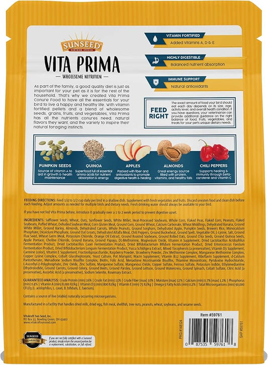 Sunseed Vita Prima Conure Food – Nutrient-Rich Blend with Fruits, Vegetables & Seeds Supports Healthy Feathers, Eyes & Active Energy – 3 lb Bag