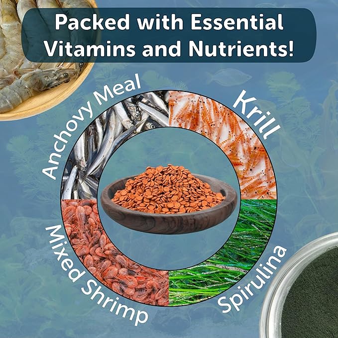 Aquatic Foods Inc. 3.5mm - 1/8" Micro Sinking Color Enhancing Wafers for Bottom Fish, Plecos, Catfish, Shrimp, Snails, Crabs, Call Tropical Fish, 4-Type Wafer & 12-Type Pellet Mix Included..1-lb 4oz